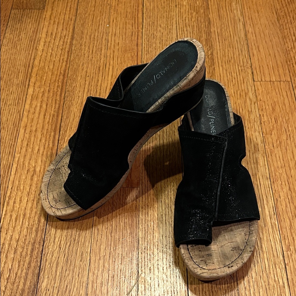 Donald J. Pliner Black Suede Cork Wedge Mules